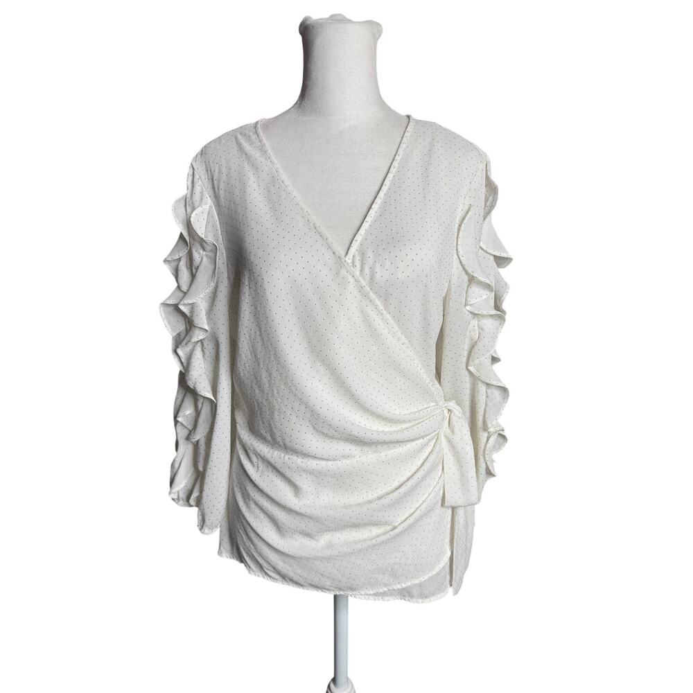 New York & Co White Wrap Blouse with Gold Rivets Size Medium